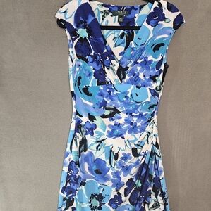 Lauren Ralph Lauren Midi Dress 6 Blue Floral Stretch Cocktail Vneck Faux Wrap